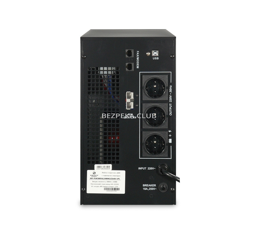 Джерело безперебійного живлення Kraft KRF-PSW3000VA/2400W(LCD)48V UPS з підключенням зовнішнього акумулятора - Зображення 4